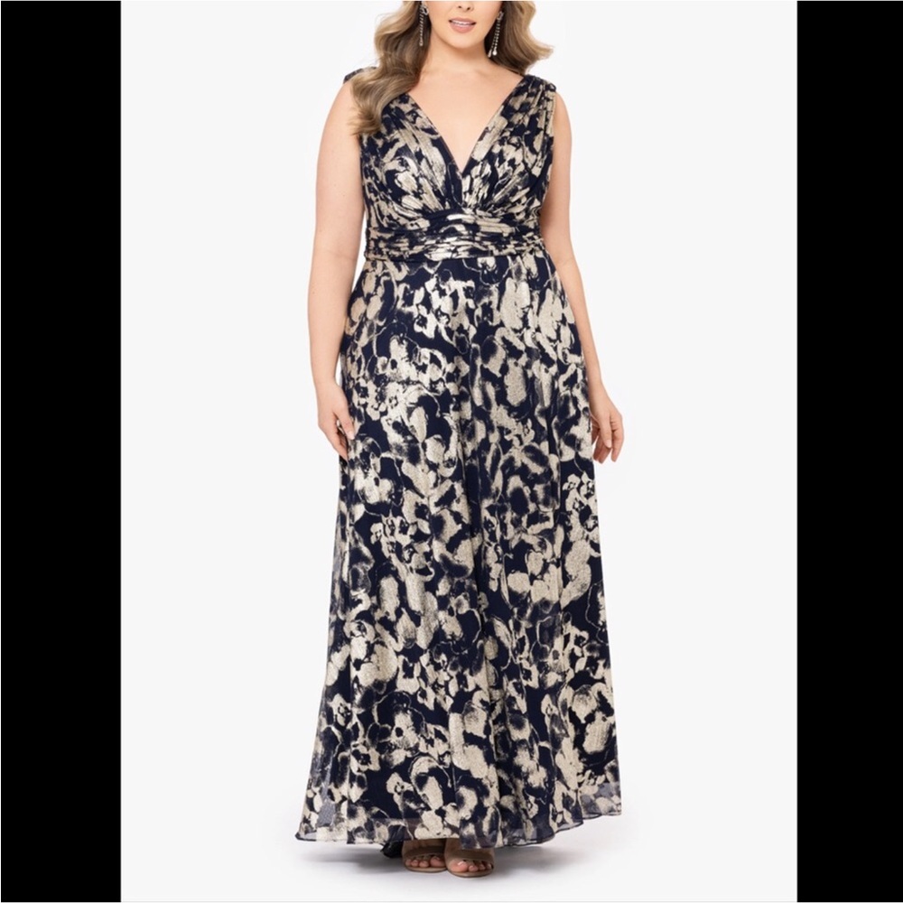 Betsy And Adam Maria Foil Print Sleeveless Mesh Gown Size 16 Mother Of Bride